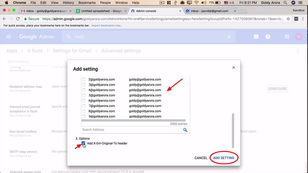 click on add settings to complete email mapping in gsuite