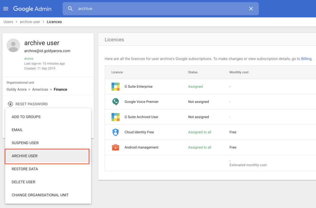 Assign G Suite Archive License SKU