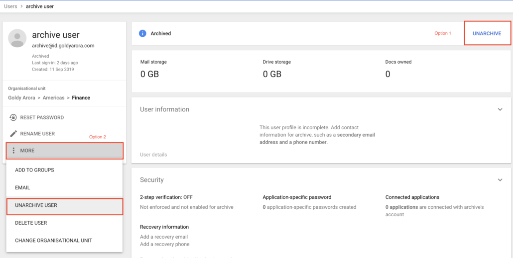 Unarchive user in Google Workspace