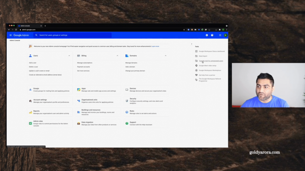 Now, once you're here, you have two options. Like once you're in your home screen on your Google admin dashboard, you can either click on this transfer tool for unmanaged users.
