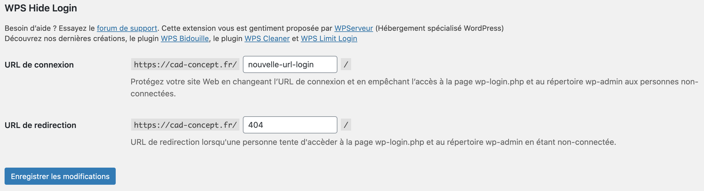 Plugin Wordpress WP Hide Login paramétrage