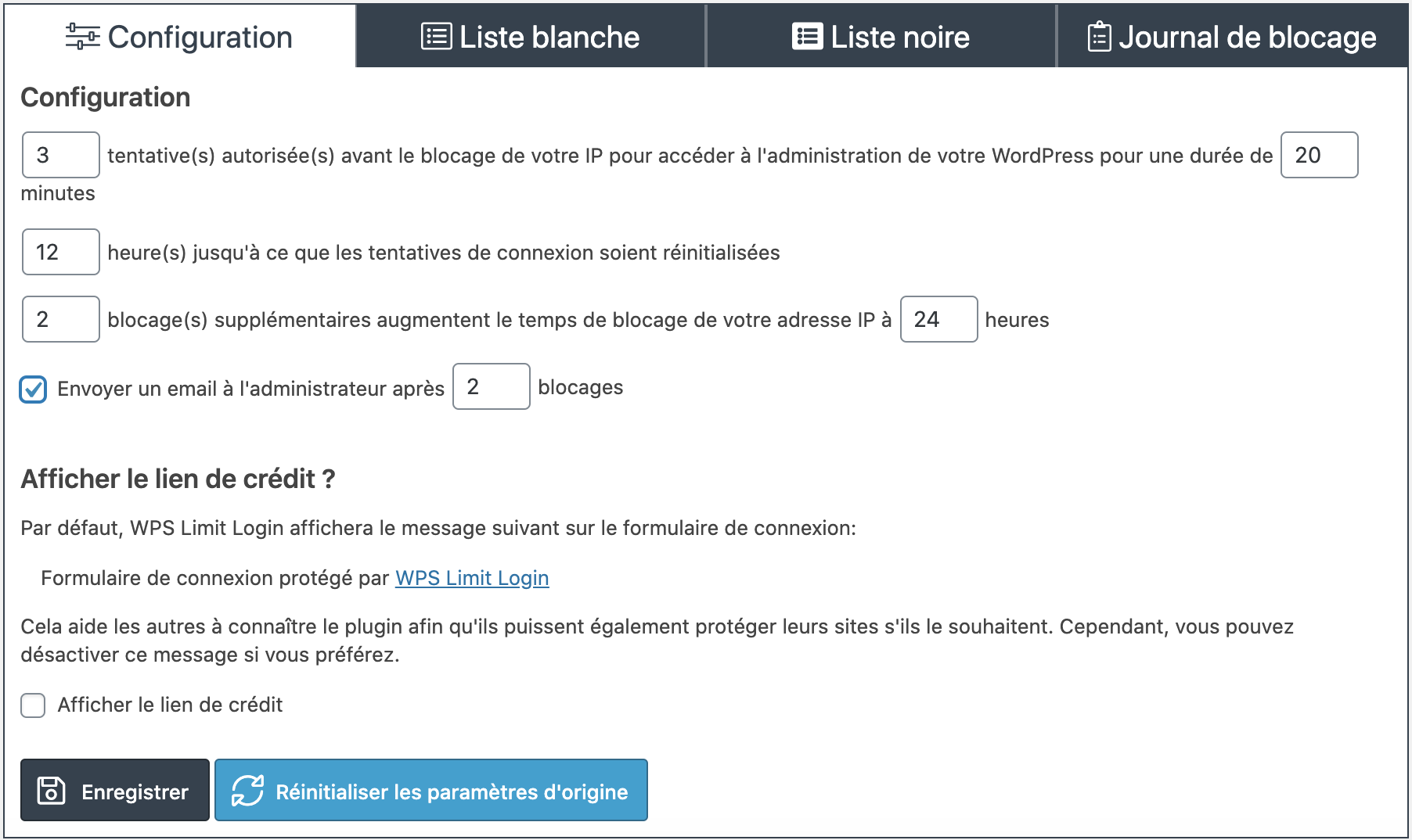 Plugin Wordpress WP Limit Login paramétrage