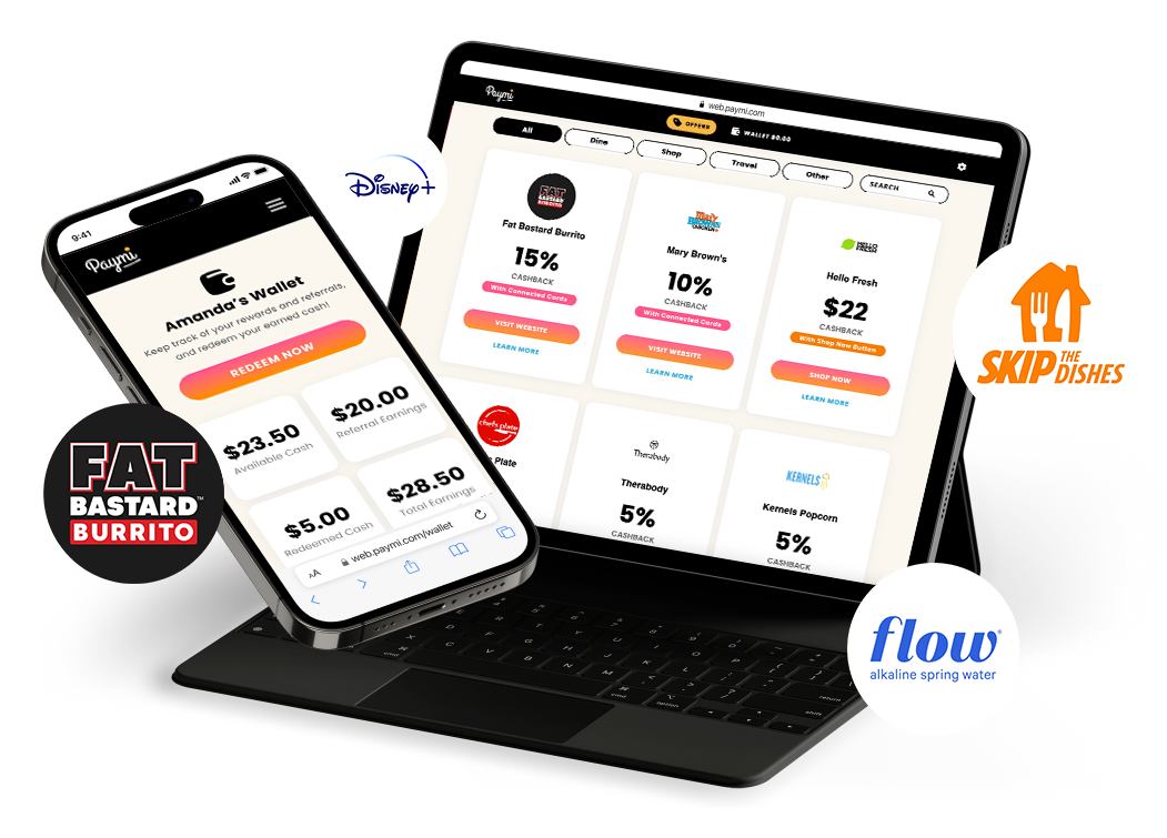 Mockup of the Paymi web app on a tablet and phone with logos of brands on the app - Fat Bastard, Skip the Dishes, Disney+ and Flow Hydration.