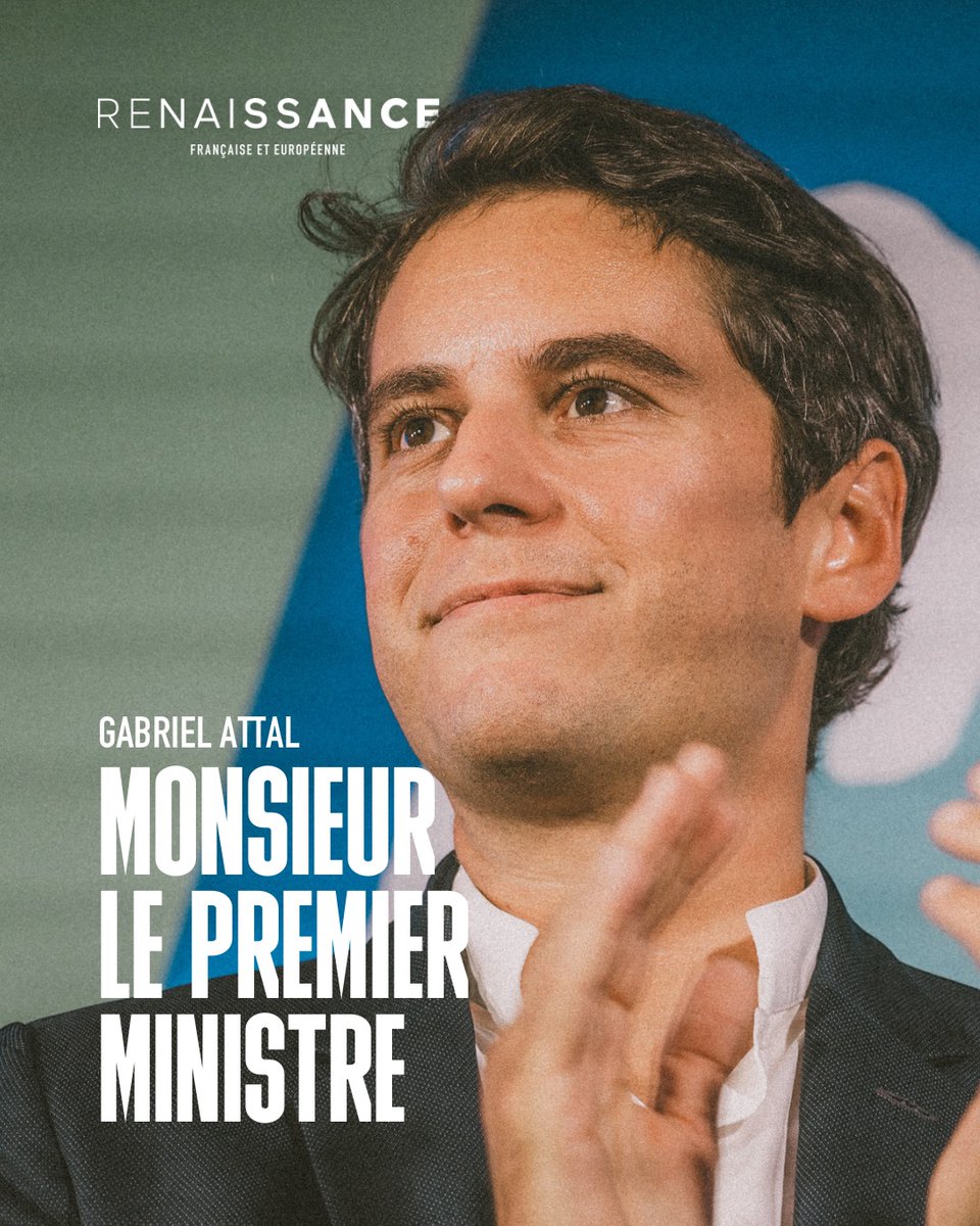👏 Félicitations à @GabrielAttal, nommé Premier ministre.
Successivement porte-parole du gouvernement, ministre délégué chargé des Comptes publics, puis ministre de l'Éducation nationale et de la Jeunesse, il devient aujourd'hui le plus jeune Premier ministre 🇫🇷.
Poursuivons… https://t.co/Wk6Zj7jIOX