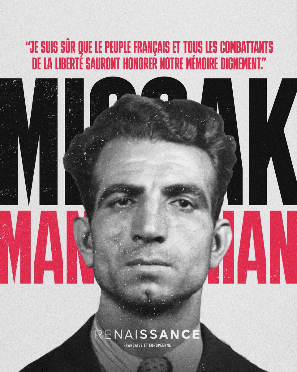#MissakManouchian, son épouse et ses camarades de Résistance entreront ce soir au Panthéon.
80 ans après avoir été fusillés par les nazis au Mont-Valérien, la nation rend honneur à ces étrangers qui désiraient tant la 🇫🇷 et se sont sacrifiés pour sa liberté.