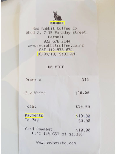 An OCR scanned receipt with highlighted data