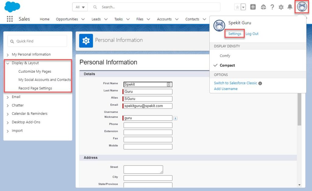 Display & Layout Settings in Salesforce Lightning