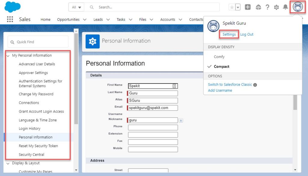 My Personal Information Settings in Salesforce Lightning