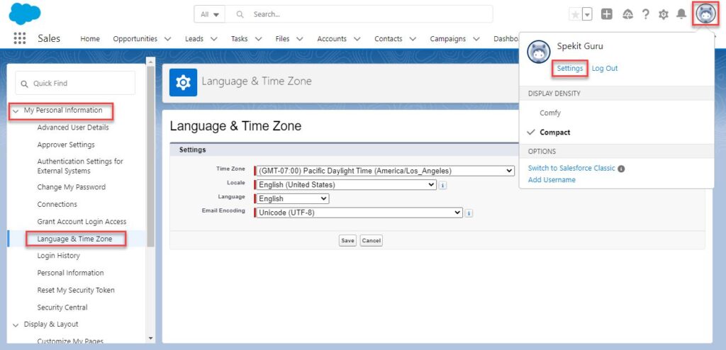 Language & Time Zone Settings in Salesforce Lightning