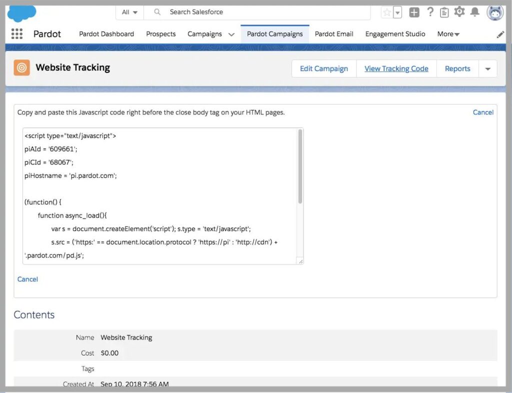 Pardot Tracking Code in Salesforce Pardot