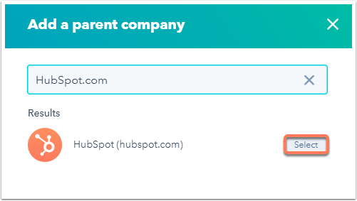 If adding a parent company, search for the desired company in the dialog box and click Select. The parent company will be displayed under Related companies in the right panel. 