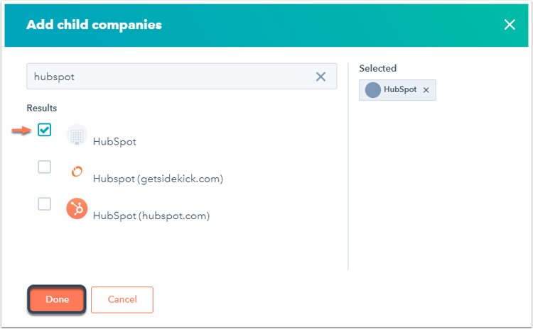 If adding child companies, select the checkboxes next to the desired child companies, then click Done in the dialog box. All added child companies will be shown under Related companies.