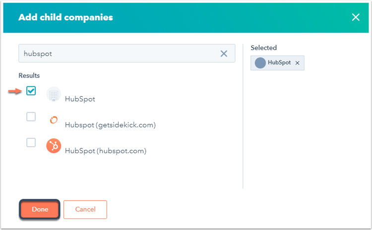 If adding child companies, select the checkboxes next to the desired child companies, then click Done in the dialog box. All added child companies will be shown under Related companies. 