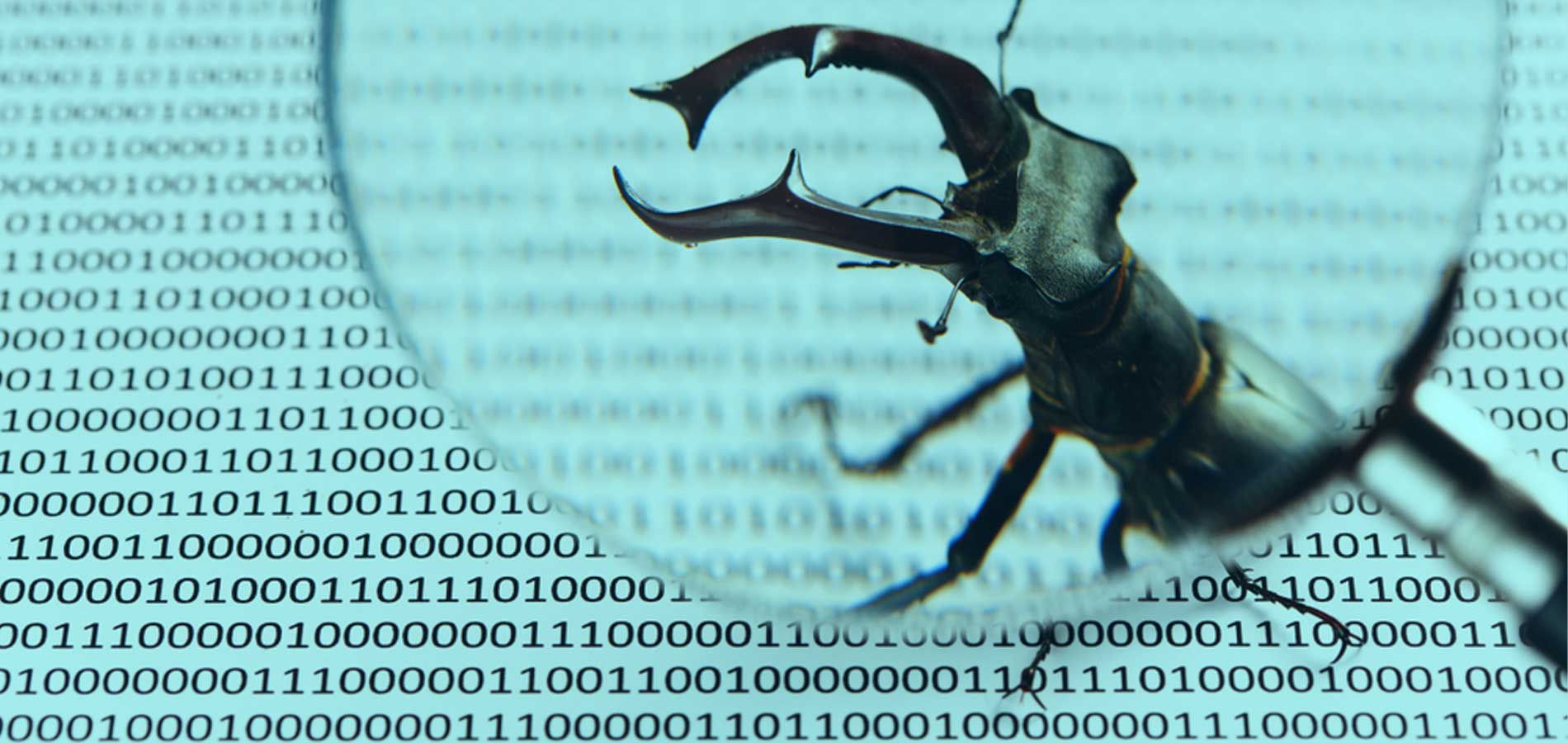 A magnifying glass enhances a bug that crawls across a document with lines of binary code.