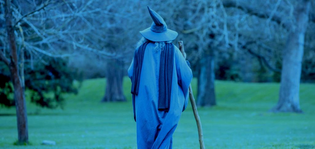A backside of a witch holding a broom walking into the woods.