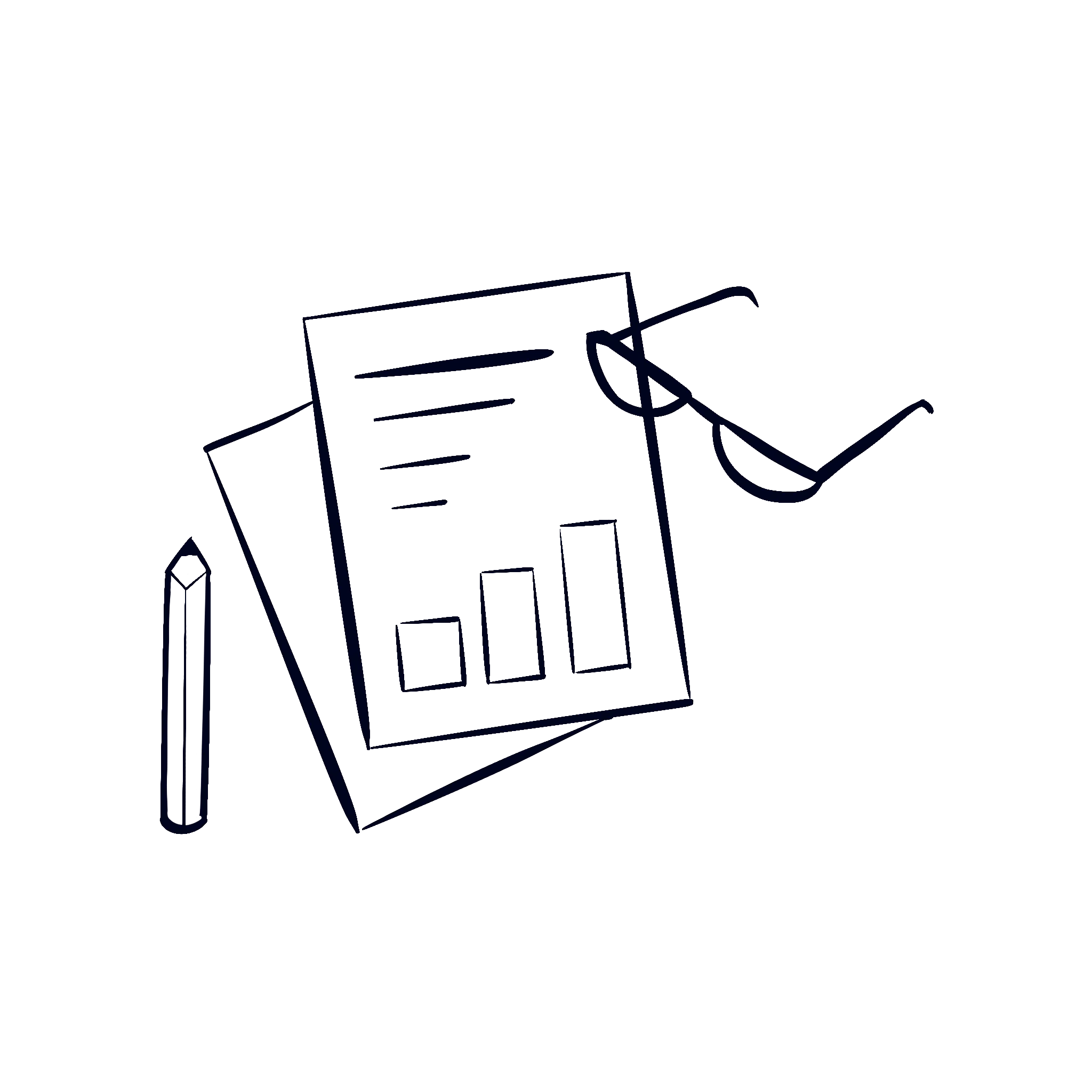 An illustration of papers, a pencil, and glasses