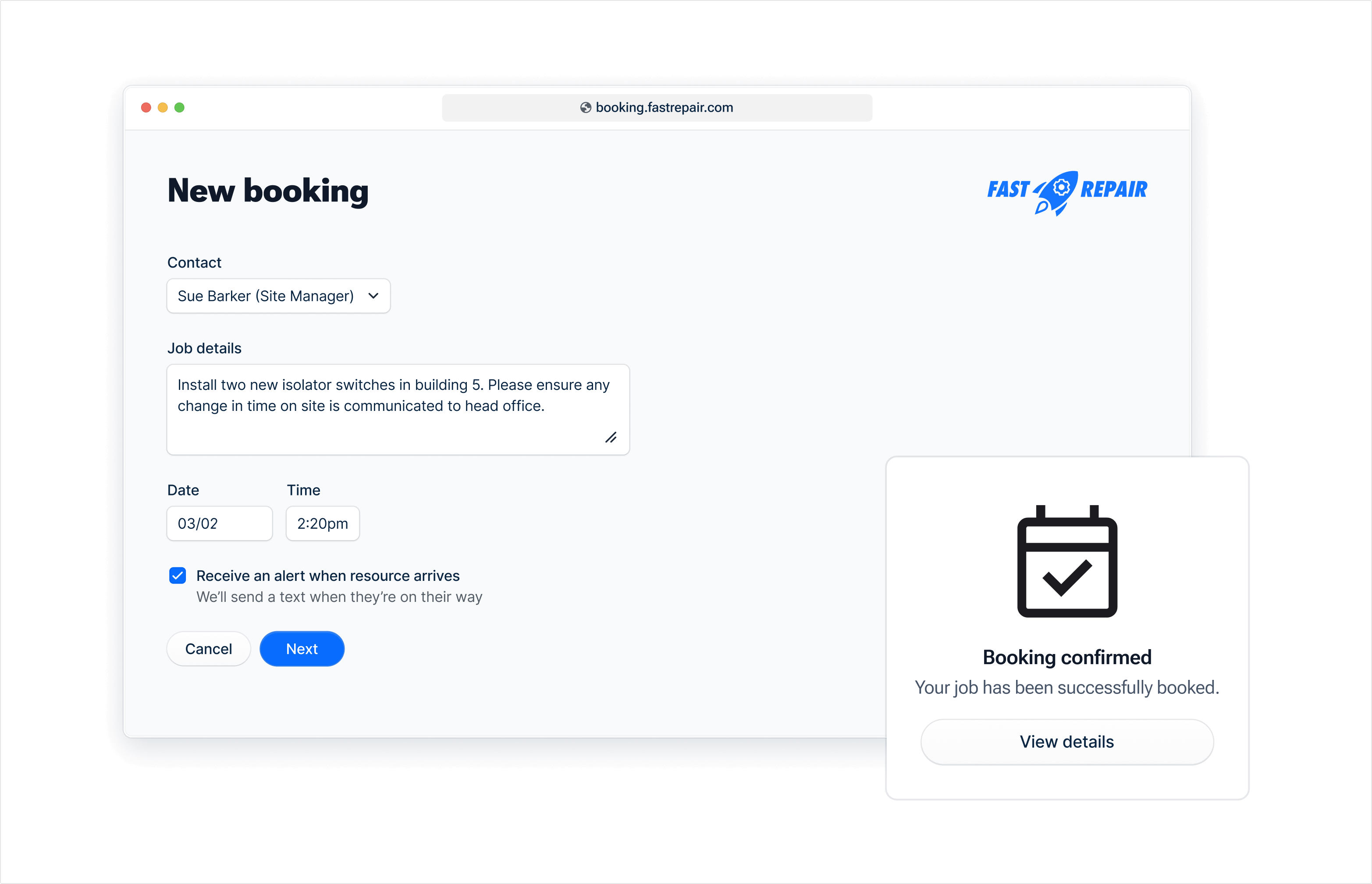 Customer portal with a form to create a new booking