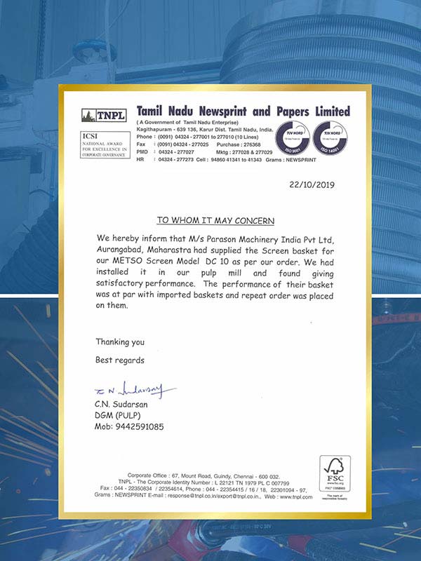 Tamil Nadu Newsprint & Papers Ltd Success Story Parason Machinery