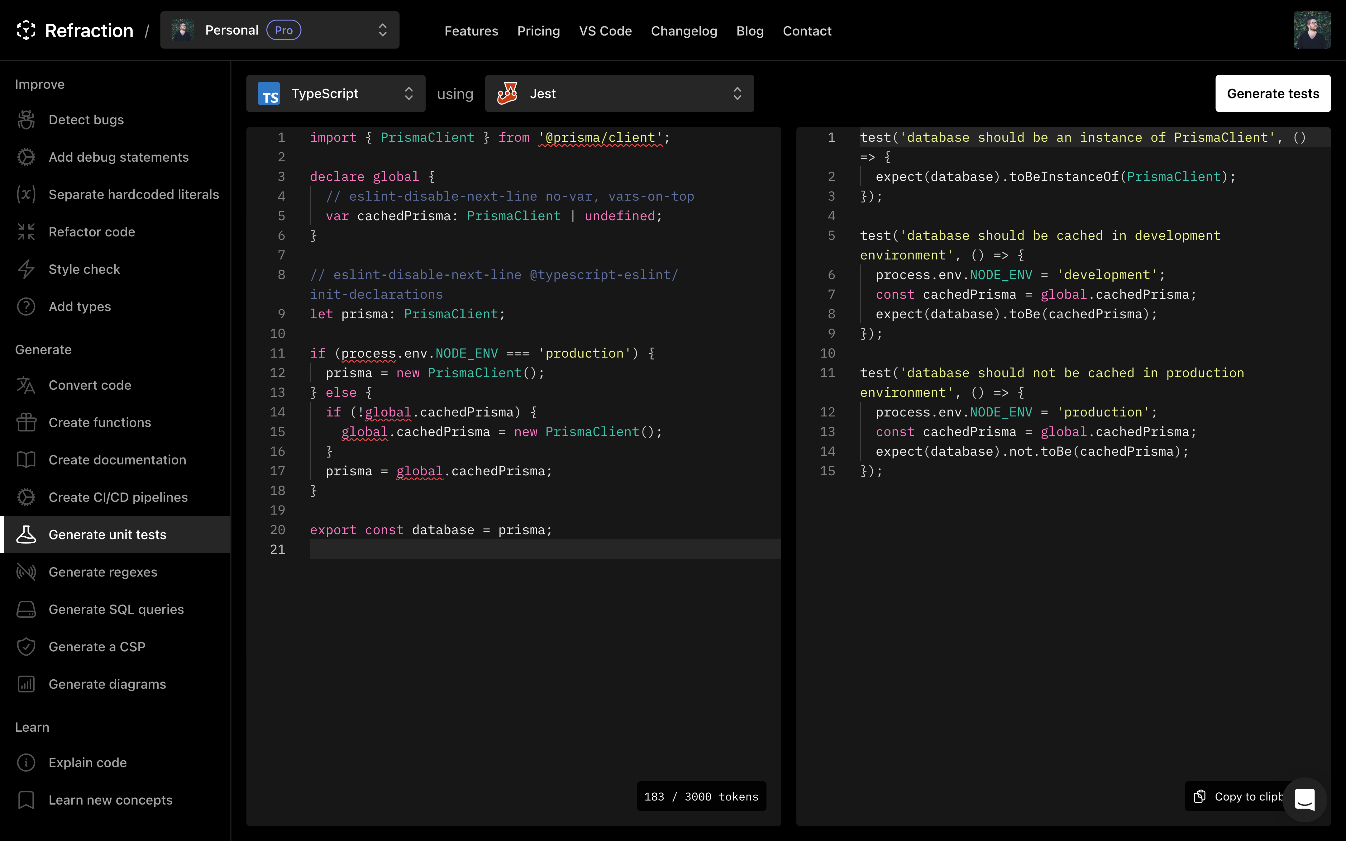 Generate unit tests | Refraction
