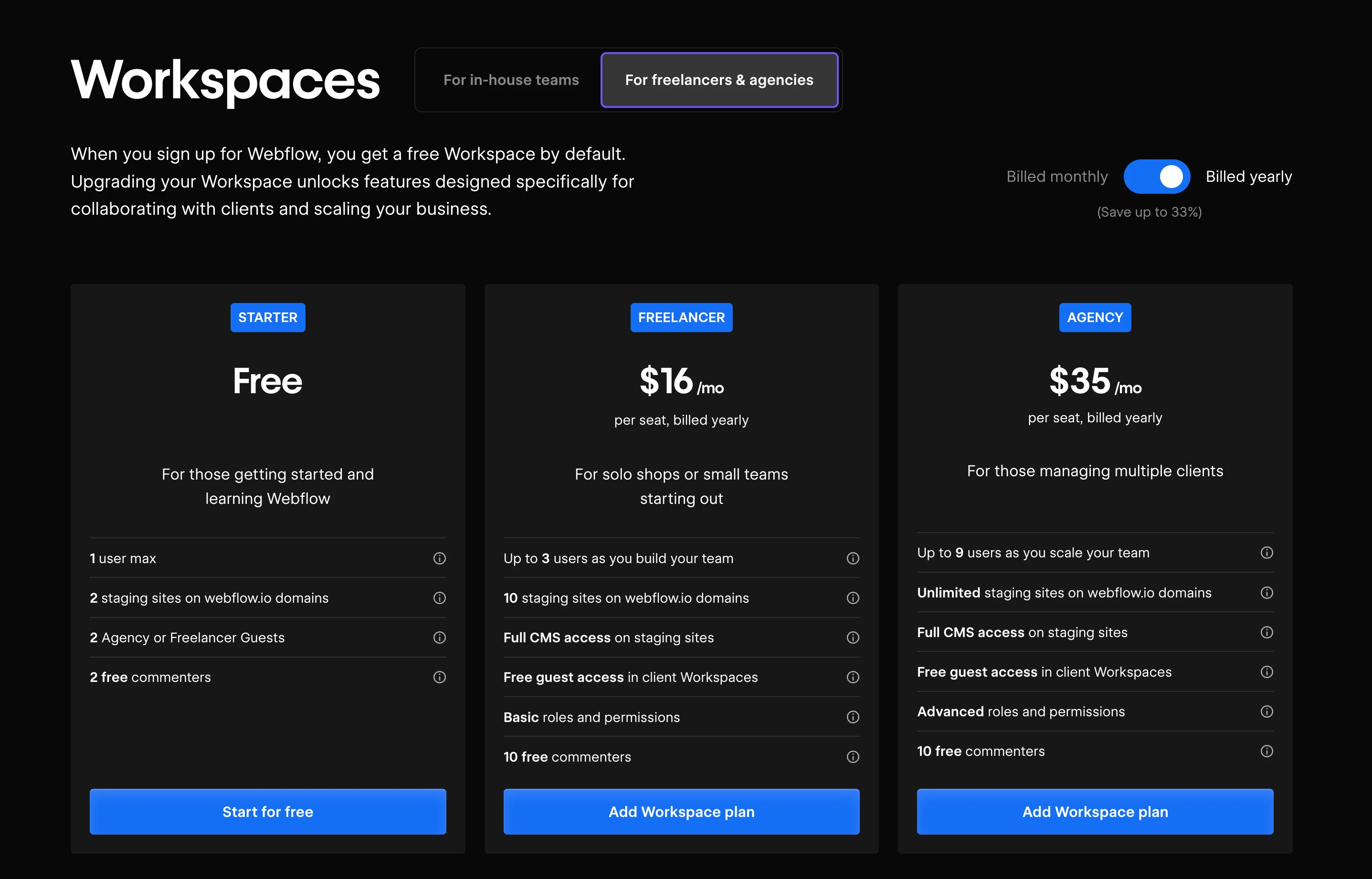 Screenshot, Webflow Workspace Plan