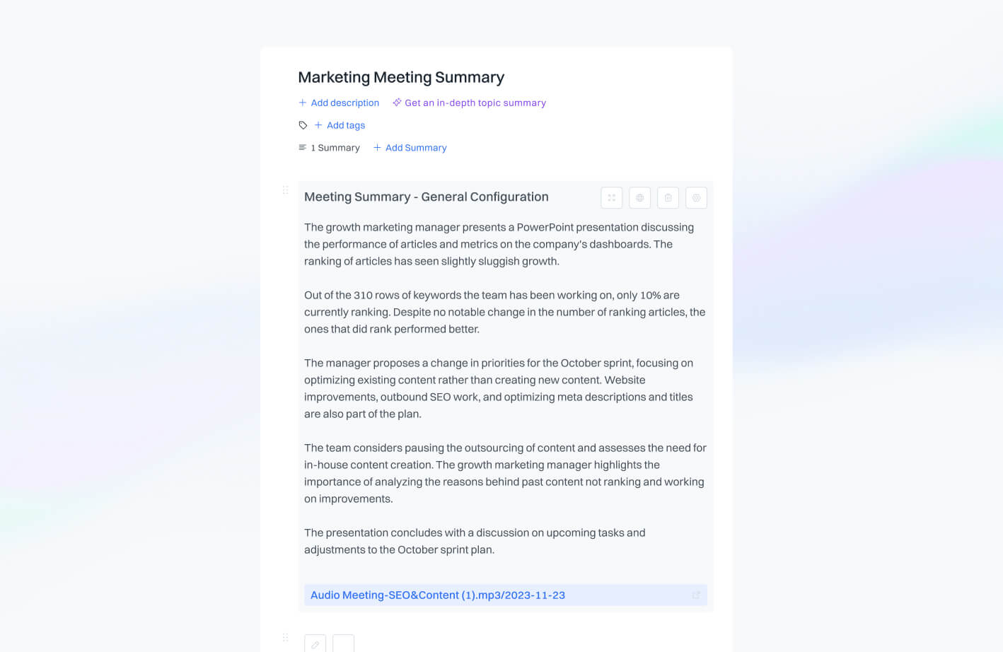 Meeting summary generated through AI with Bash preview