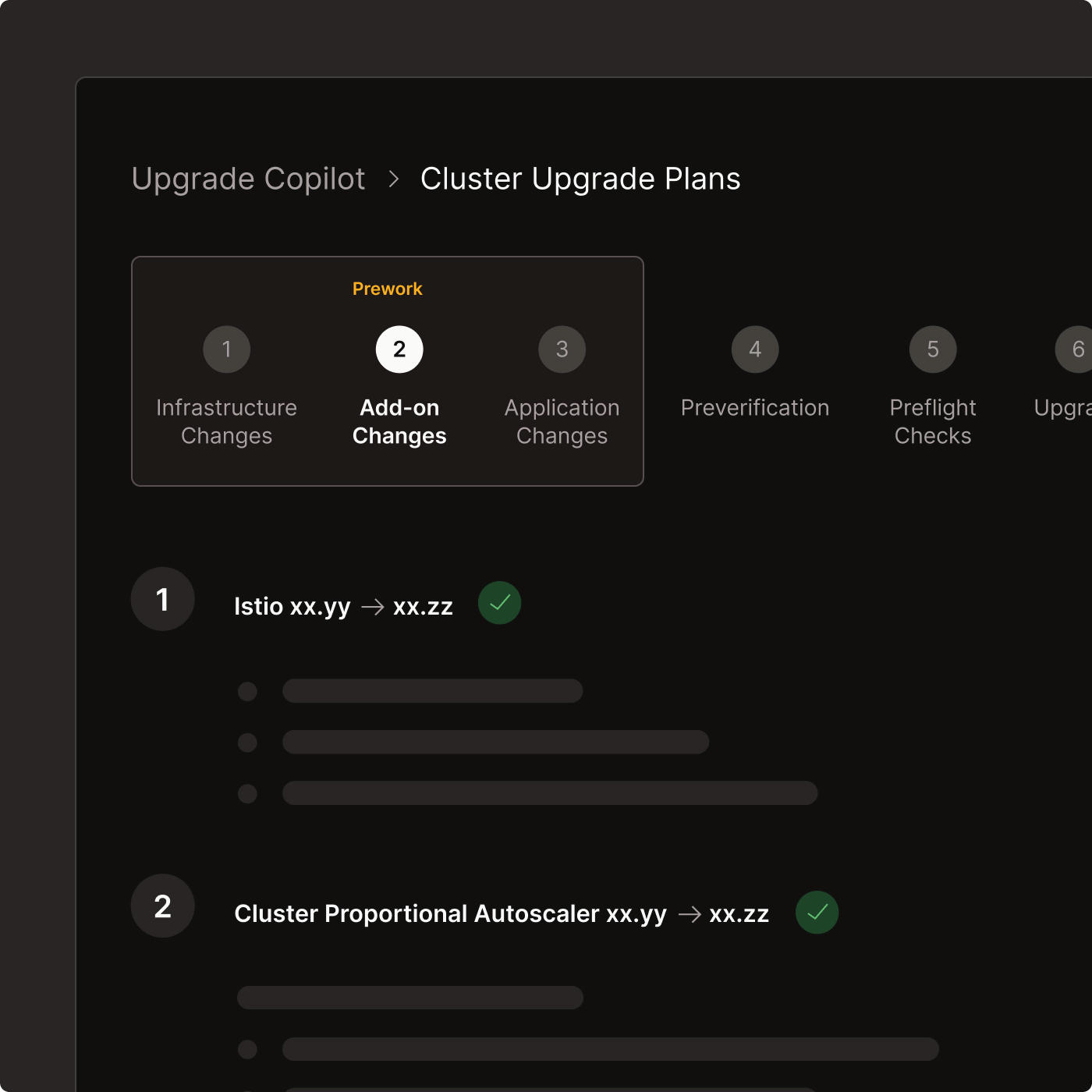 Focused view of Chkk's Upgrade Copilot, focused on the Add-On Changes step of Pre-work.