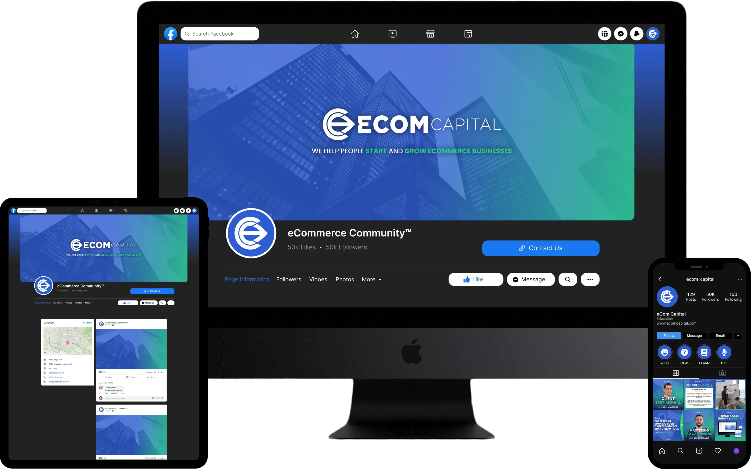 Digital marketing platform interfaces on a desktop, tablet, and smartphone showcasing ECOM Capital’s e-commerce services.