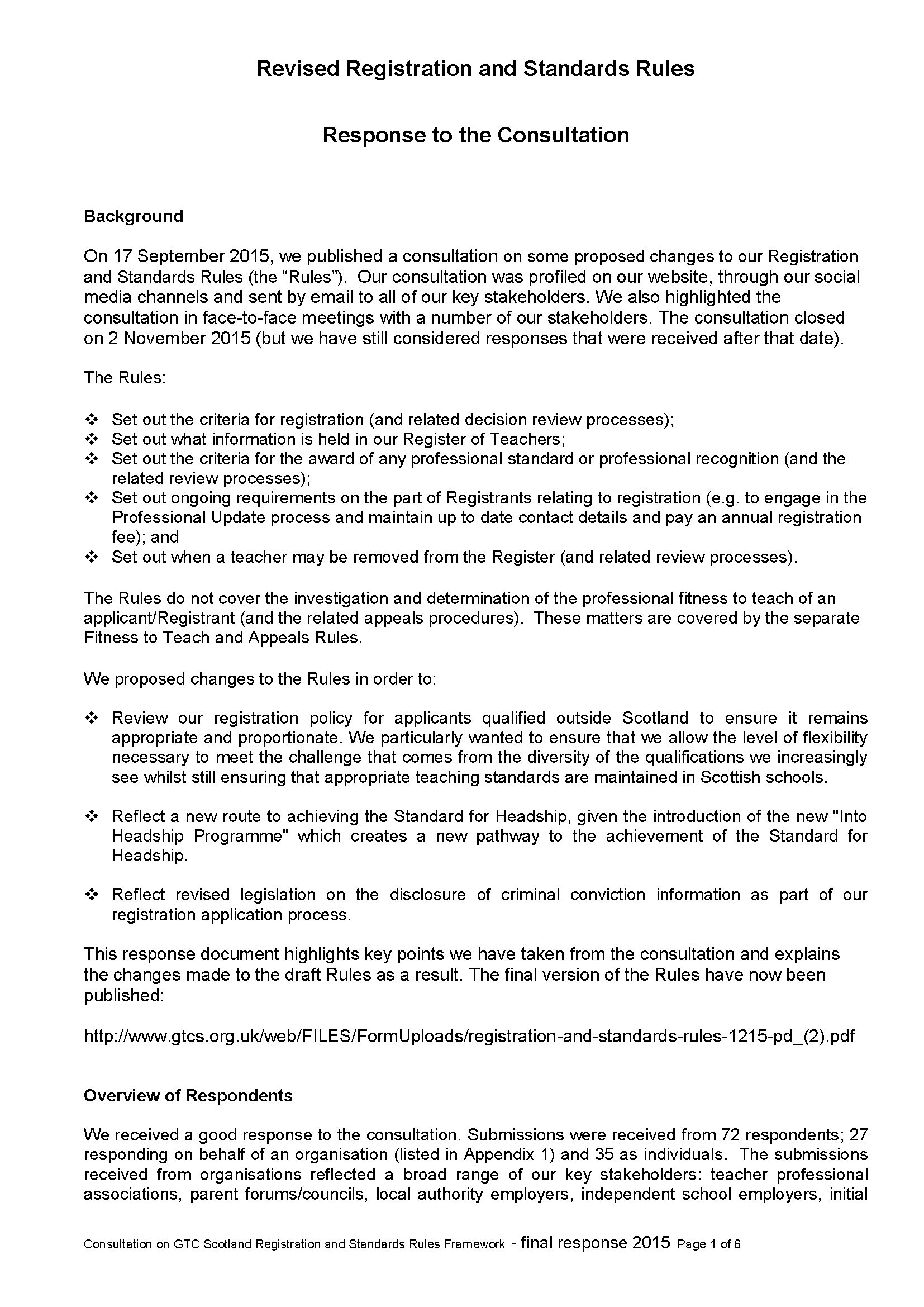 Document > Consultation response: Revised registration and Standards rules