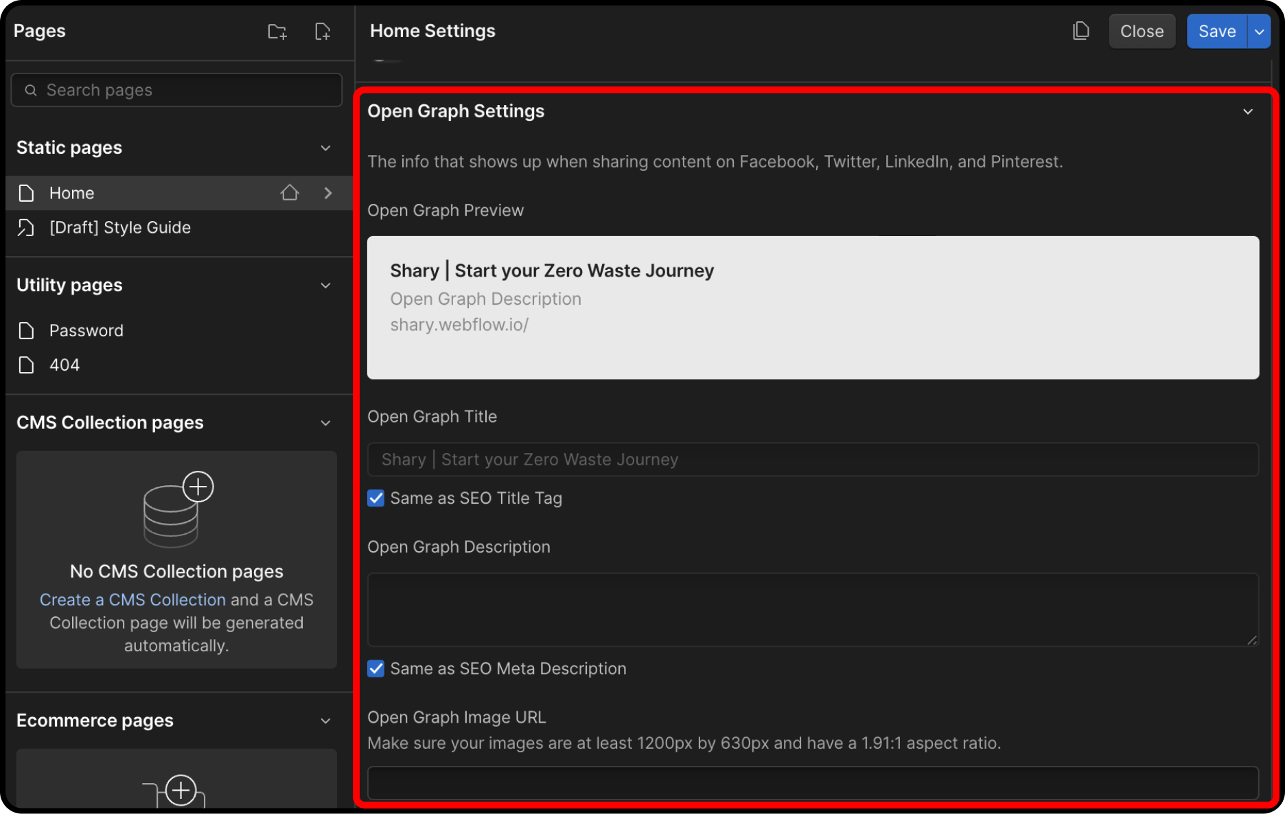 Page Open Graph Settings in Webflow