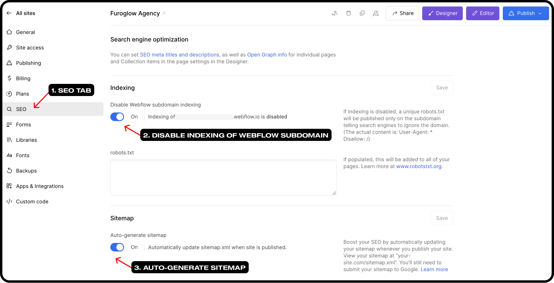 SEO Tab in Site Settings: Indexing and Sitemap options
