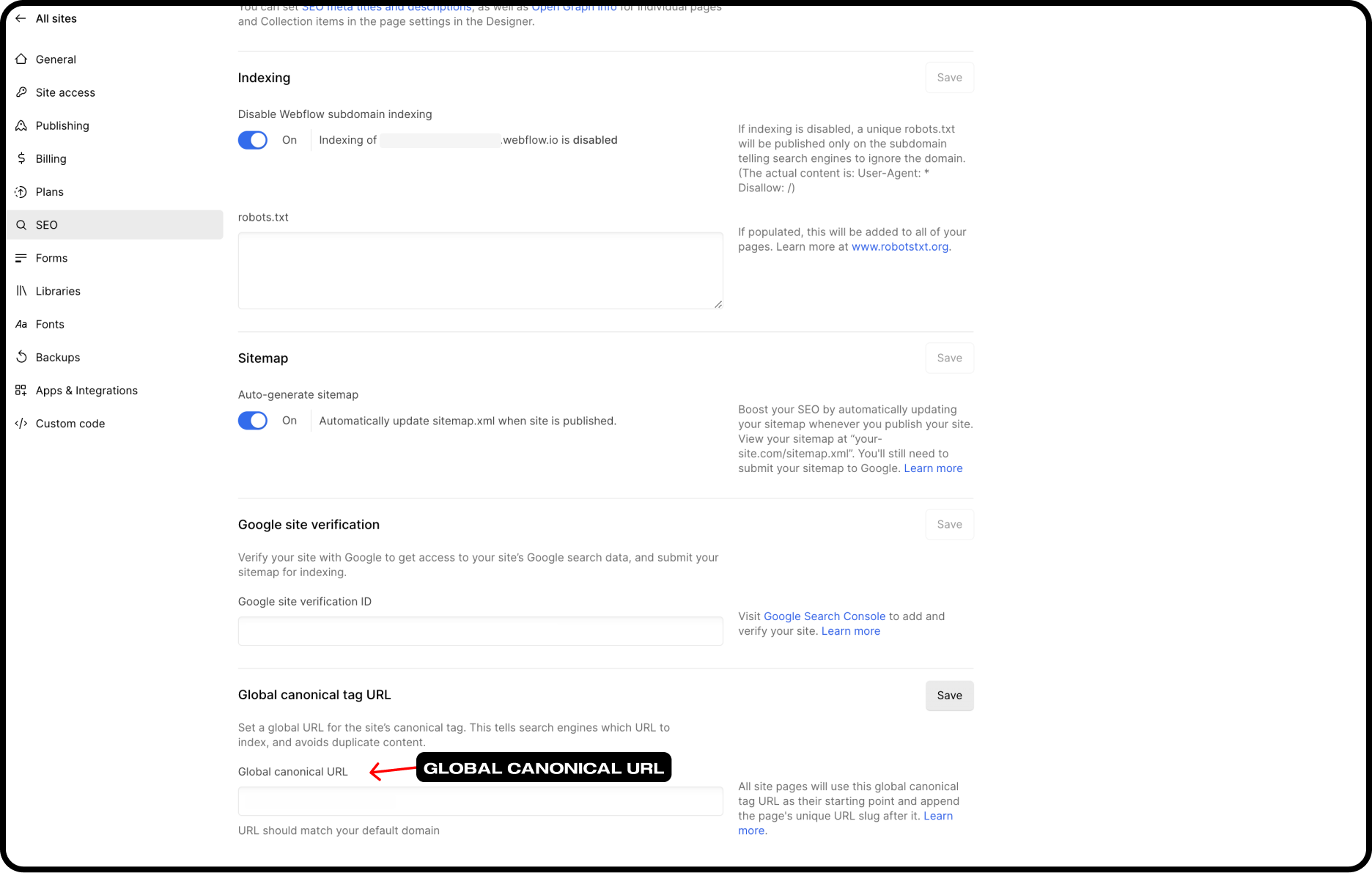 SEO Tab in Site Settings: Set up a Global Canonical Tag