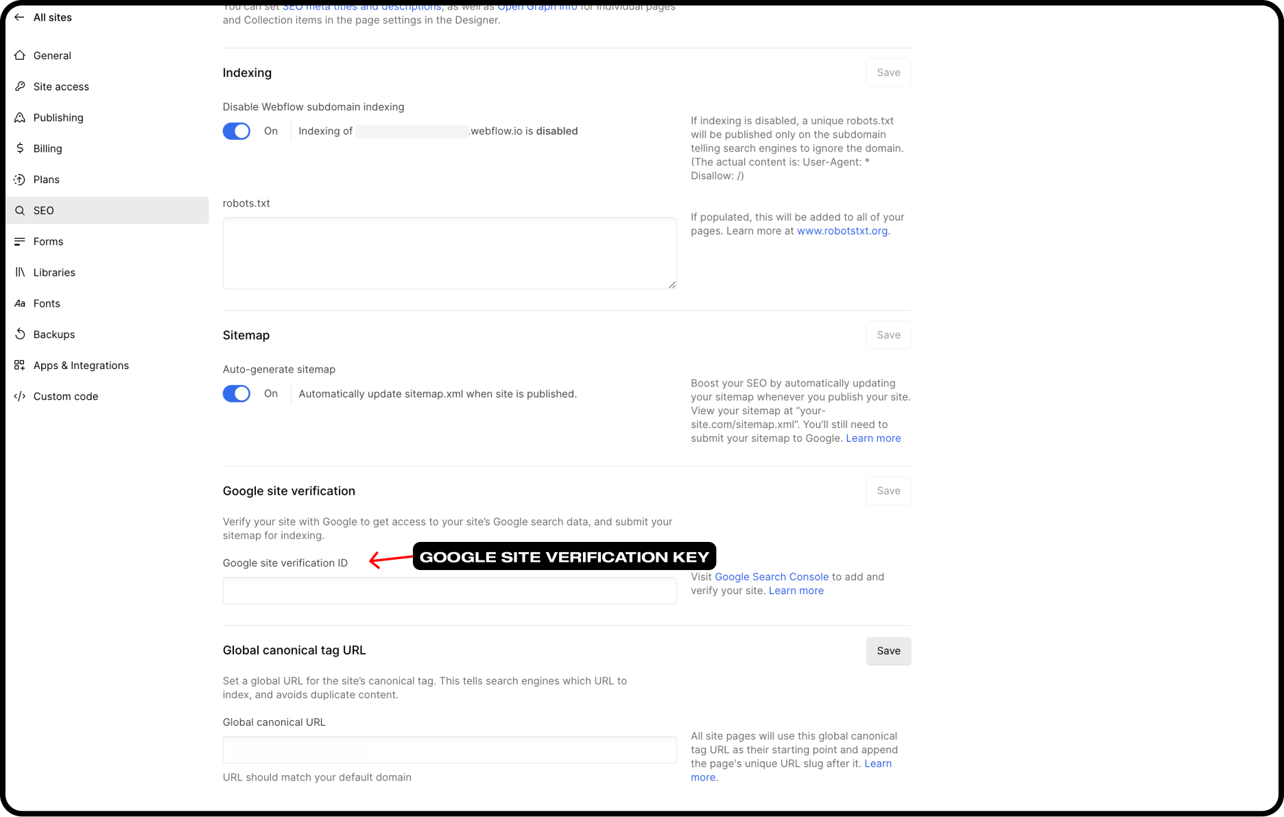 Google Site Verification ID In Site Settings