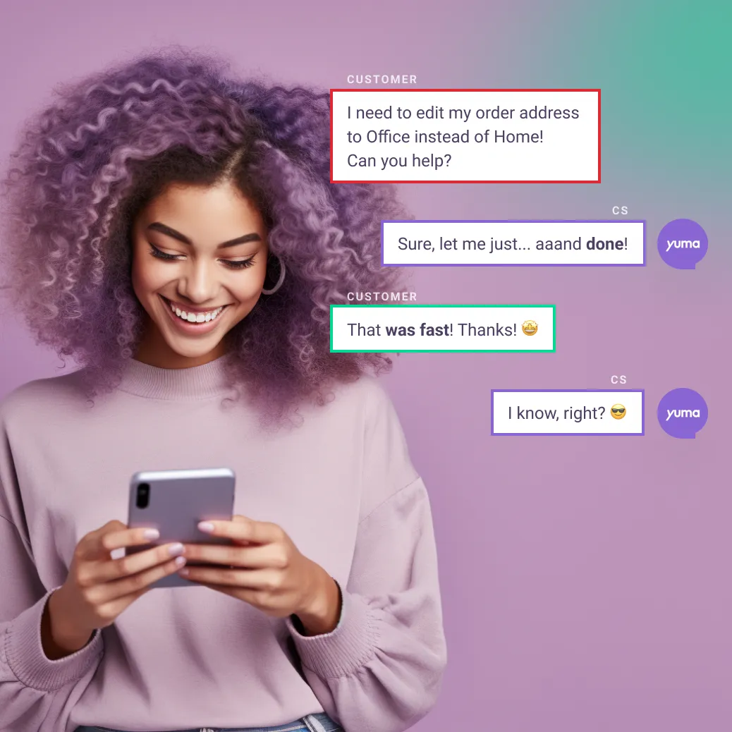 Ecommerce customer uses Yuma.ai chat; AI mirrors brand tone, responsiveness & efficient service.