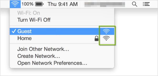 Wi-Fi menu with signal strength indicator highlighted.