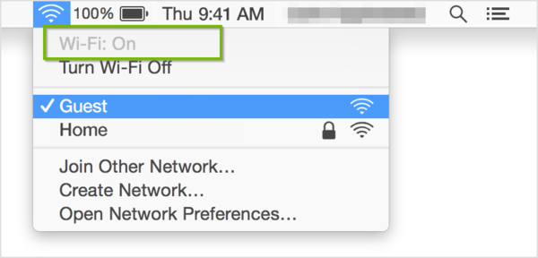 self assigned ip address meaning macOS Wi-Fi menu with Wi-Fi On highlighted.