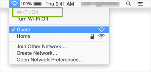 macOS Wi-Fi menu with Wi-Fi On highlighted.