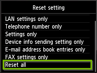 Reset settings screen with Reset all selected. Screenshot.