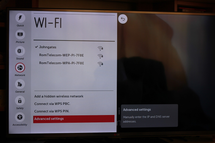 LG TV settings menu with networks listed