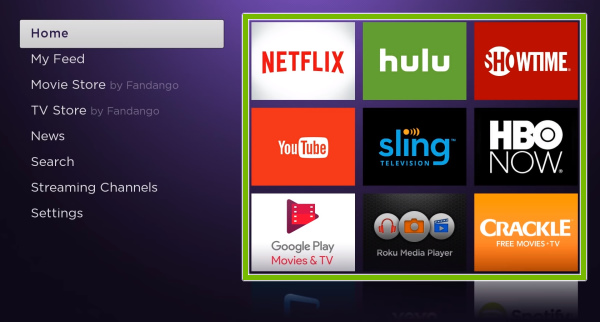 Apps grid highlighted on Roku home screen.