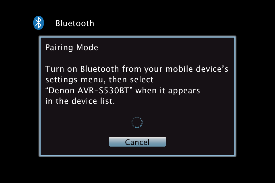 Denon receiver on-screen display for Bluetooth pairing mode.