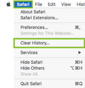 Safari menu with Clear History highlighted.