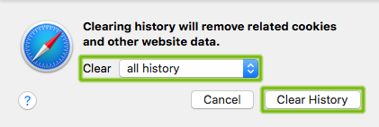 Clear History dialog with clear all history and clear history button highlighted.