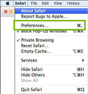 Safari with Safari menu and Preferences highlighted. Screenshot