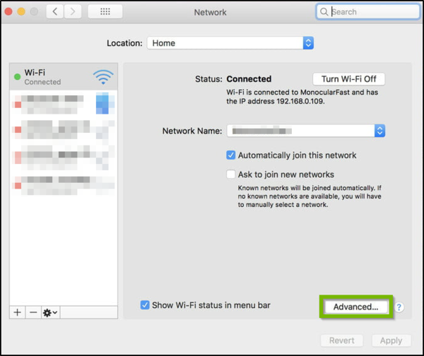 self assigned ip address meaning Network Preferences with Advanced highlighted.