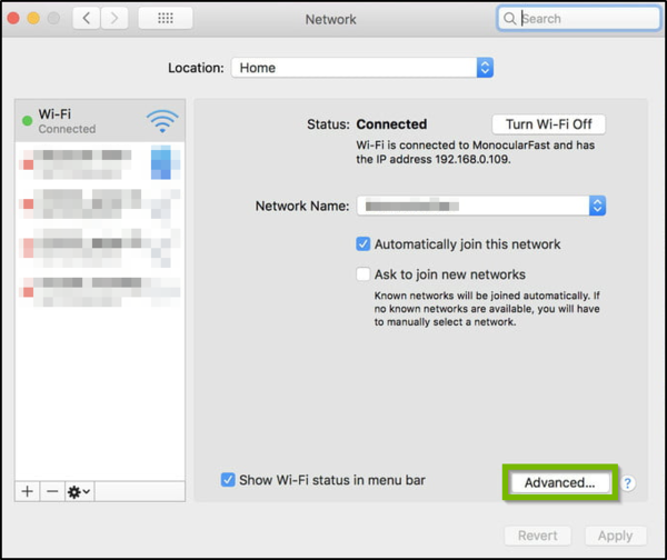 Network Preferences with Advanced highlighted.