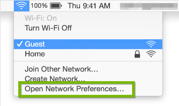 self assigned ip address meaning Wi-Fi menu with Open Network Preferences highlighted.