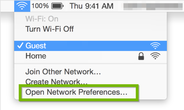 Wi-Fi menu with Open Network Preferences highlighted.