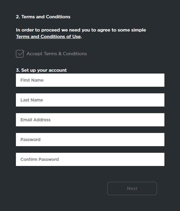 Account setup screen in web portal.