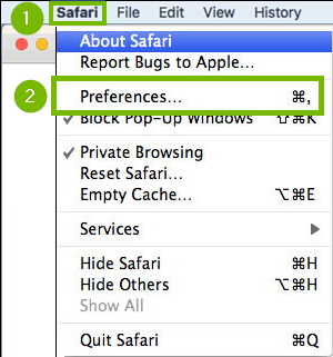 Safari with Safari menu and Preferences highlighted. Screenshot