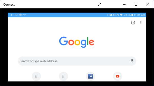 Browsing Google on smartphone showing in Connect app.